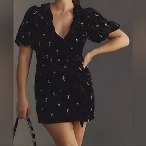 Anthropologie Maeve Short-Sleeve Black Velvet Embellished Mini Dress Size 24W